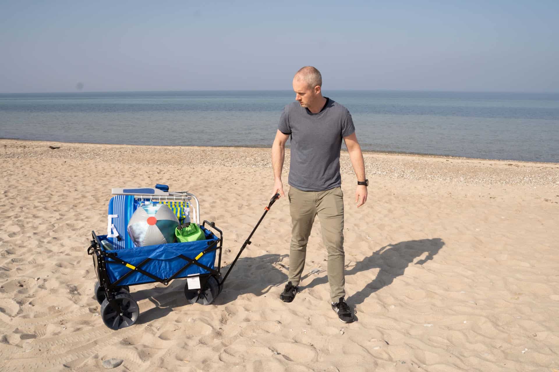 mac sports collapsible beach wagon pull test on soft sand