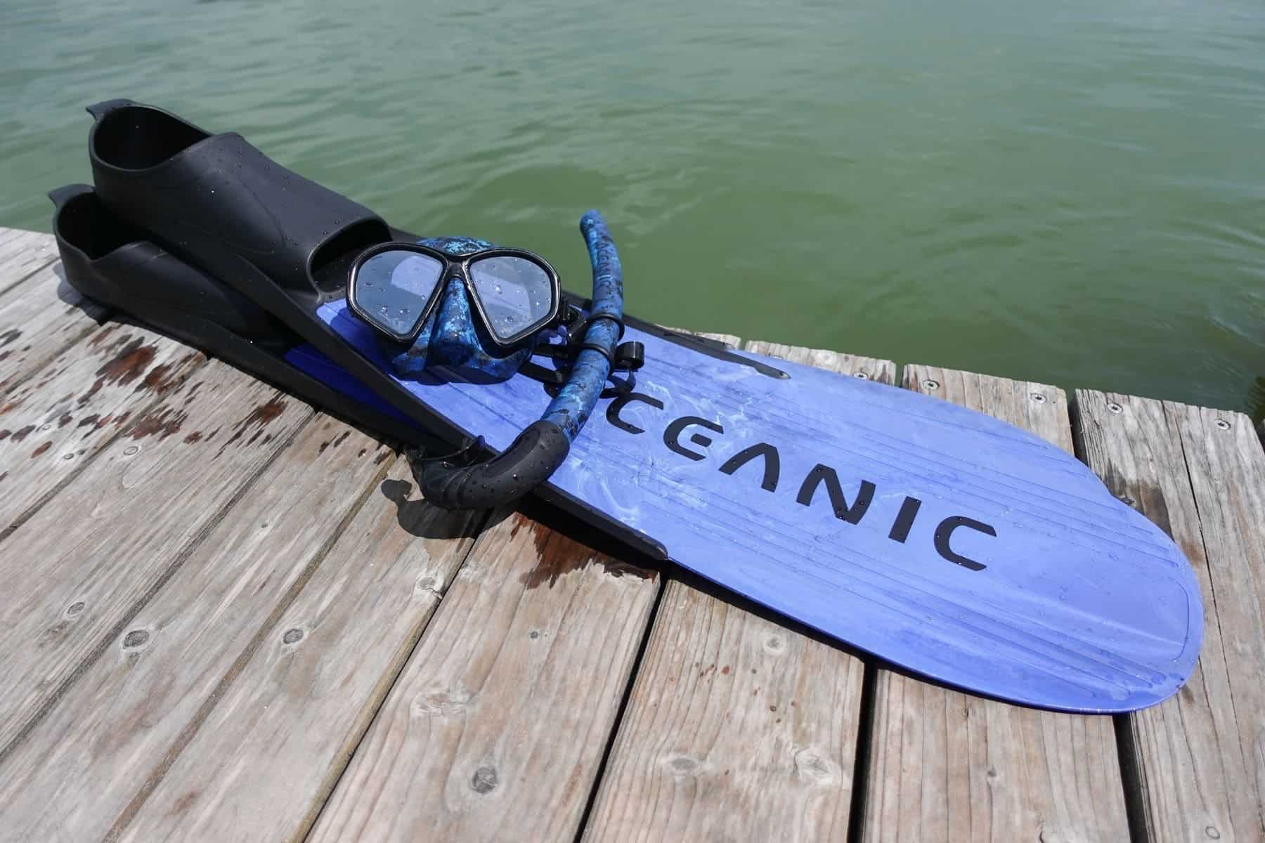 oceanic predator blue snorkel and scuba mask on fins