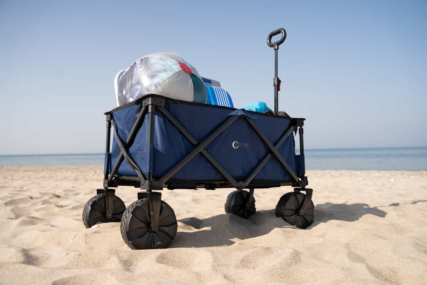 portal collapsible folded wagon side view with beach stuff