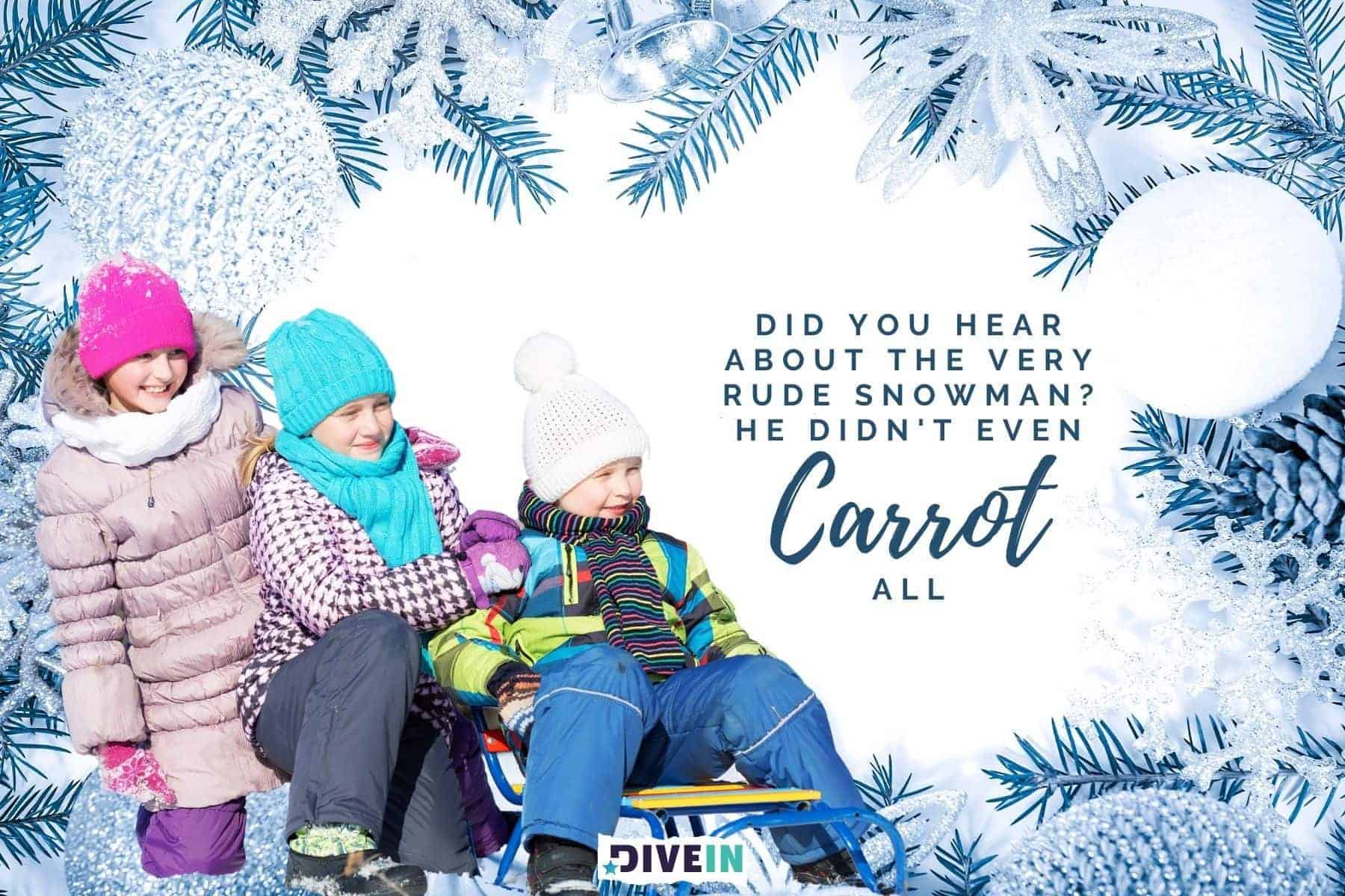 snowman winter jokes. did you hear about the very rude snowman. he didnt even carrot all.