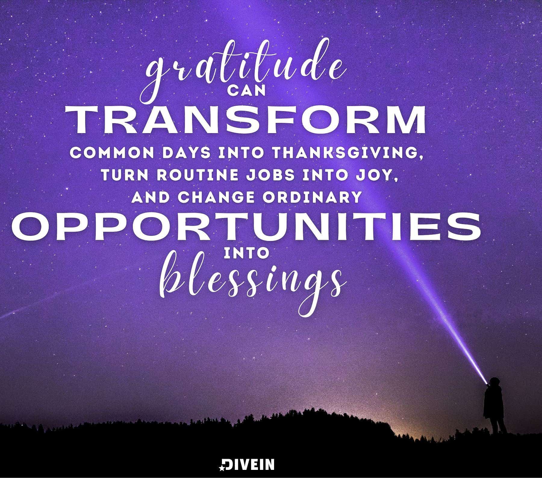 Gratitude can transform common days into thanksgivings, turn routine jobs into joy, and change ordinary opportunities into blessings.