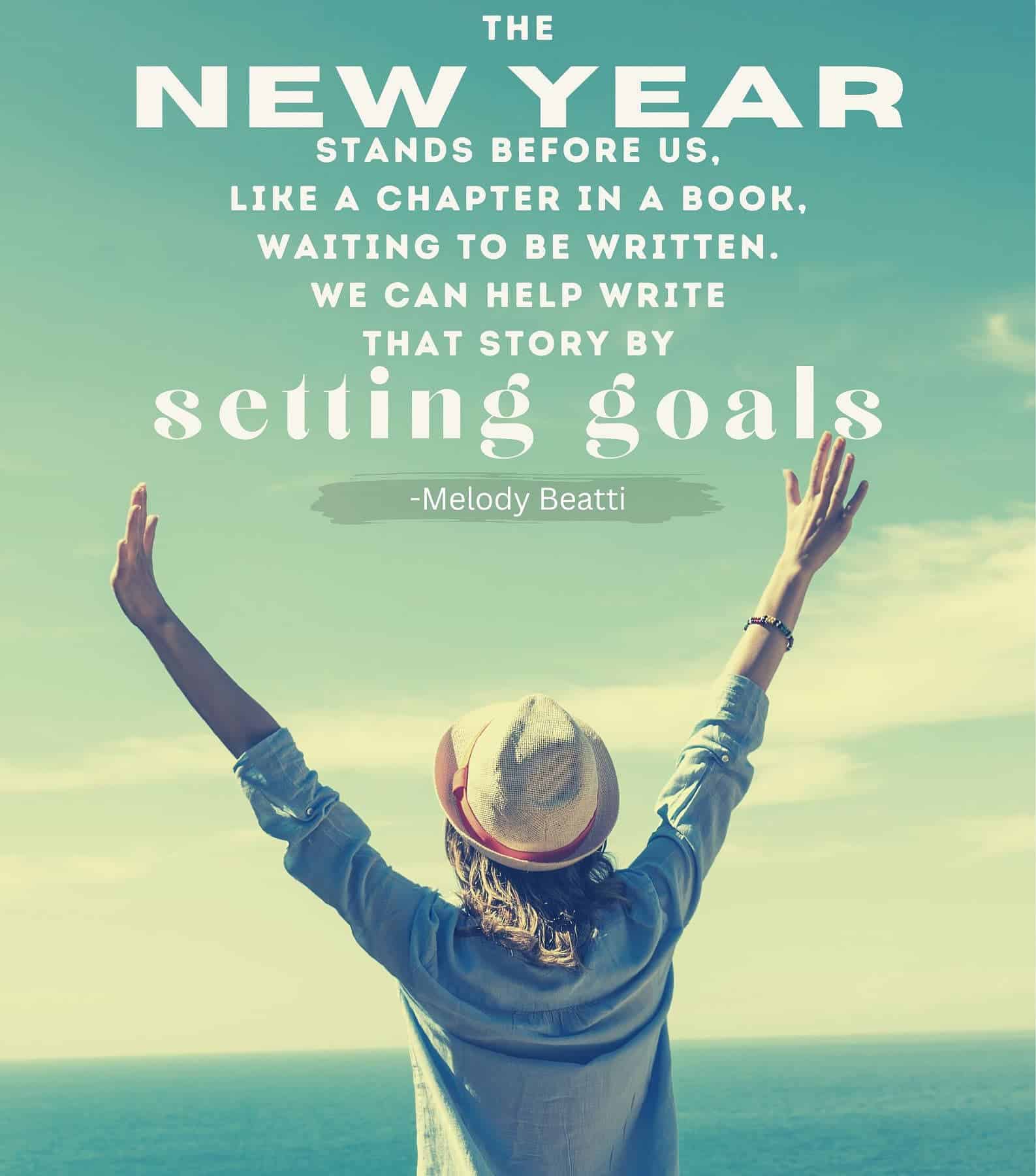 New Year New Beginning Quote. The new year stands before us, like a chapter in a book, waiting to be written. We can help write that story by setting goals.