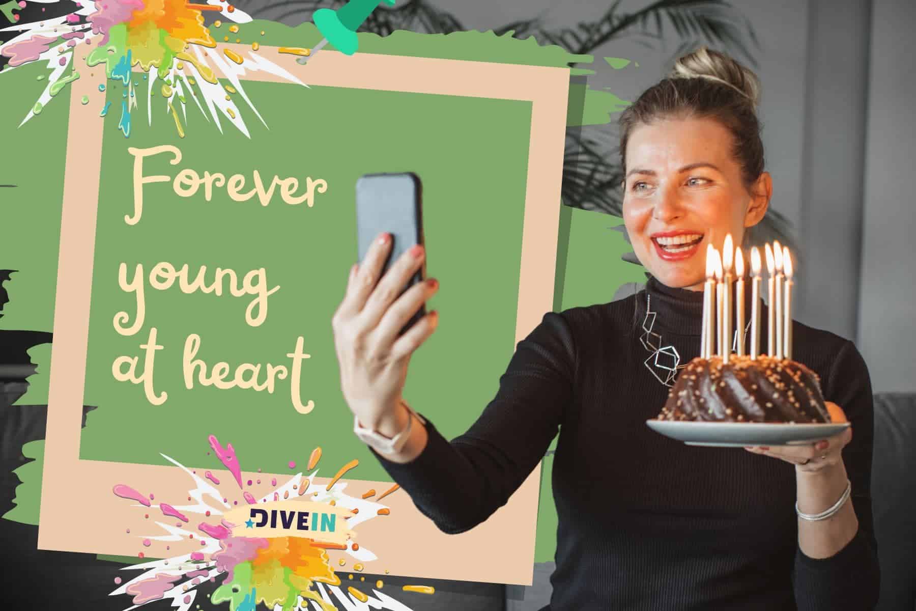 birthday photo dump captions. forever young at heart