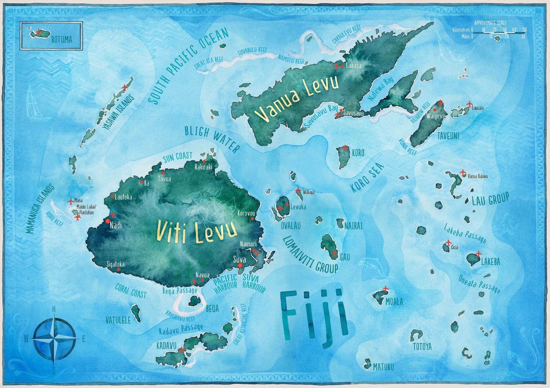Full Fiji Map Airport.Cities.Towns