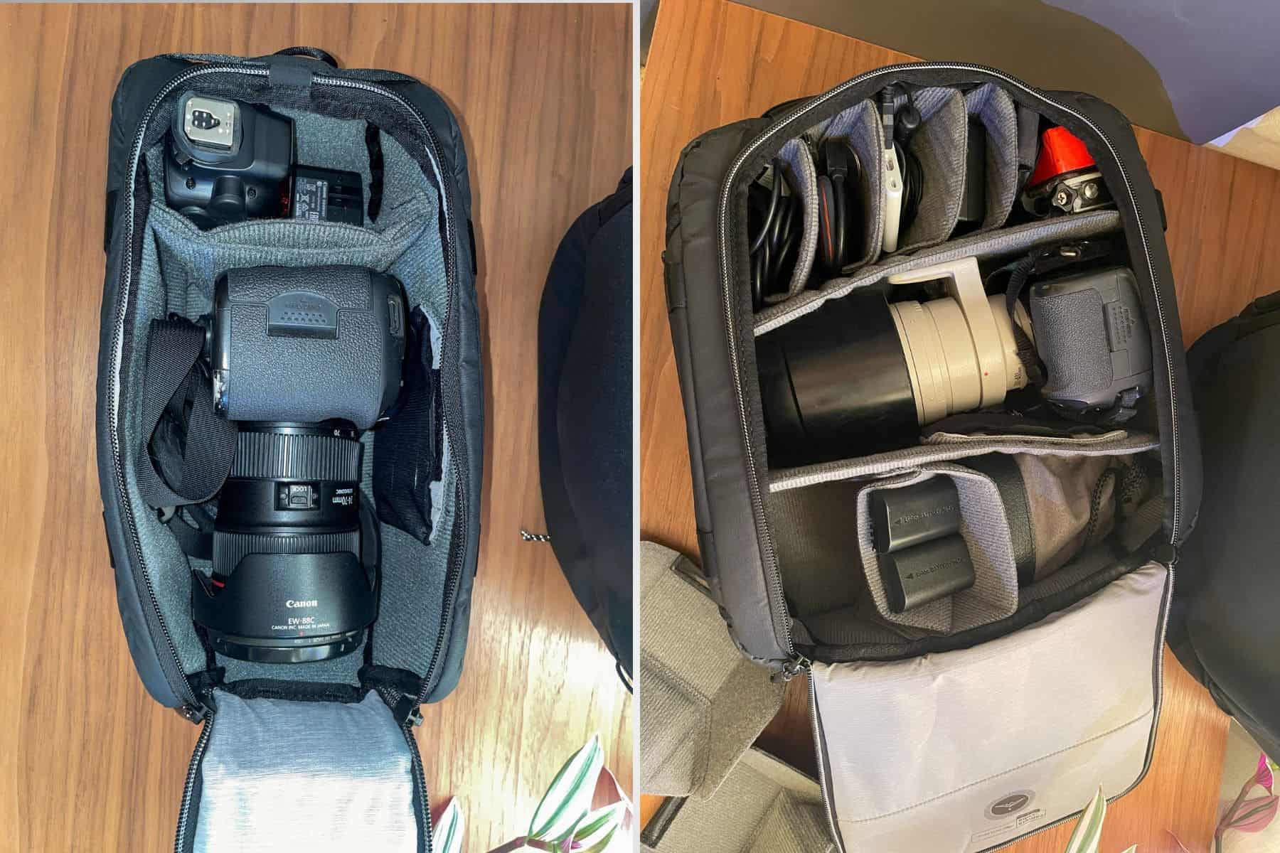 The medium and small Peak Design Camera Cubes fit all of our gear and fit perfectly in the 45L Travel Backpack 
