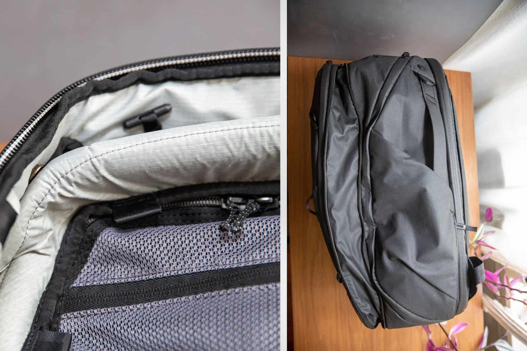 Snap the top down to compress the bag, or open the expansion zips if you need more space
