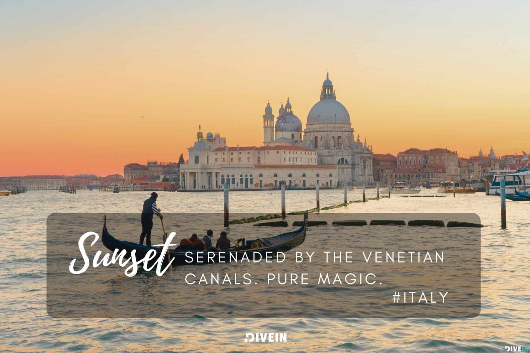 venice captions for instagram. sunset serenaded by the venetian canals. pure magic.